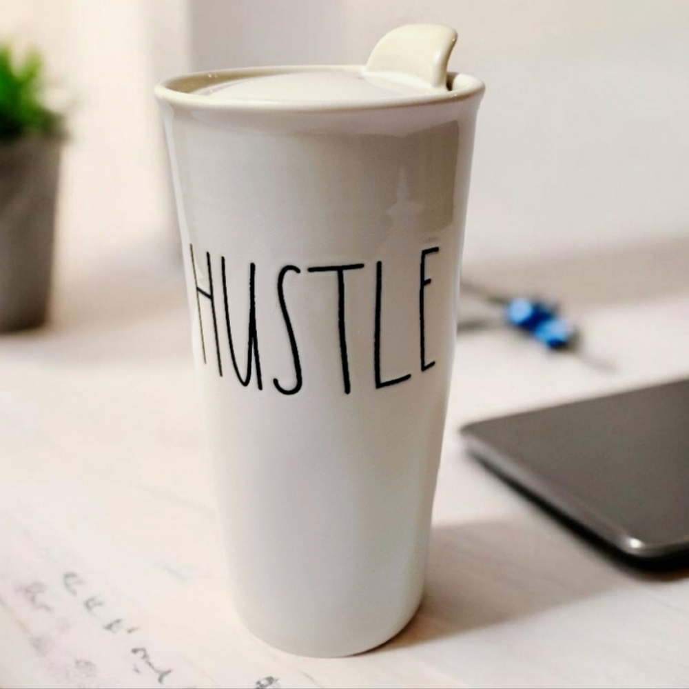 Rae Dunn "Hustle" Travel Tall Ceramic Mug with Lid Artisan Farmhouse Collection